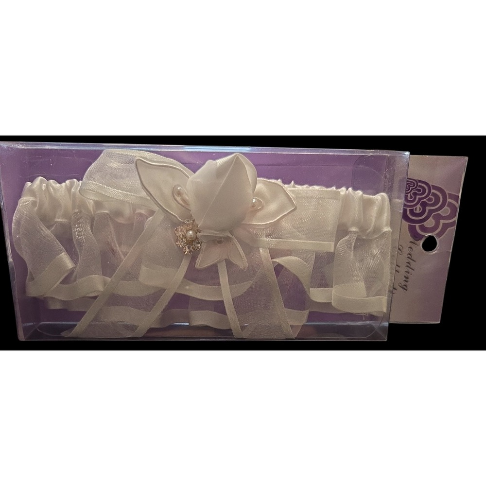 New Vintage Bridal Wedding Garter Ivory Satin Flower Pearl Rhinestone Thigh Leg